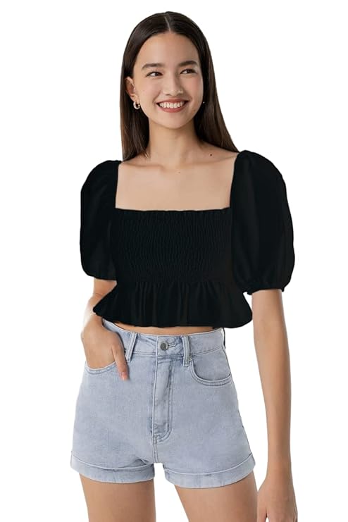 Black color Square Neck Puff Sleeves Ruched Waist Crop TOP for Women size M